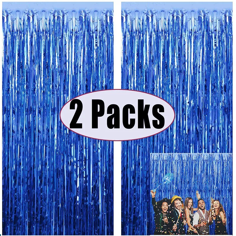 

2Pack 1X2M Blue Metallic Foil Tinsel Fringe Curtain Backdrop Birthday Wedding Bachelorette Party Decoration Adult Anniversary