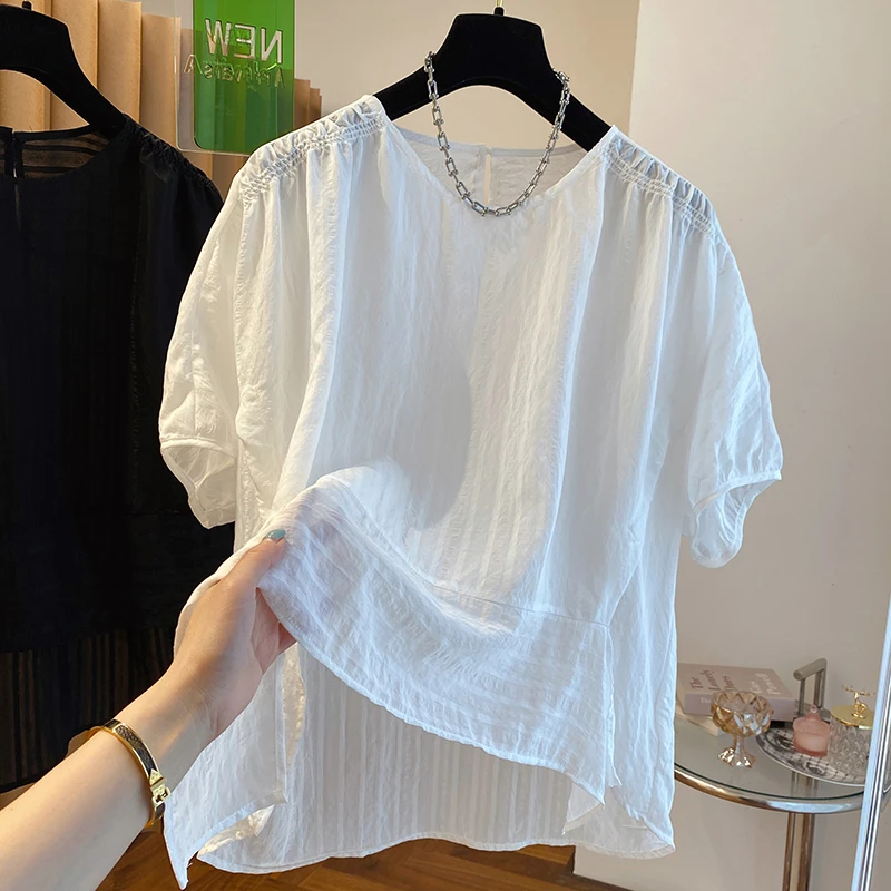 

Женские асимметричные топы с разрезом, летняя футболка с коротким рукавом, корейская мода, свободная прозрачная Солнцезащитная Повседневная Блузка