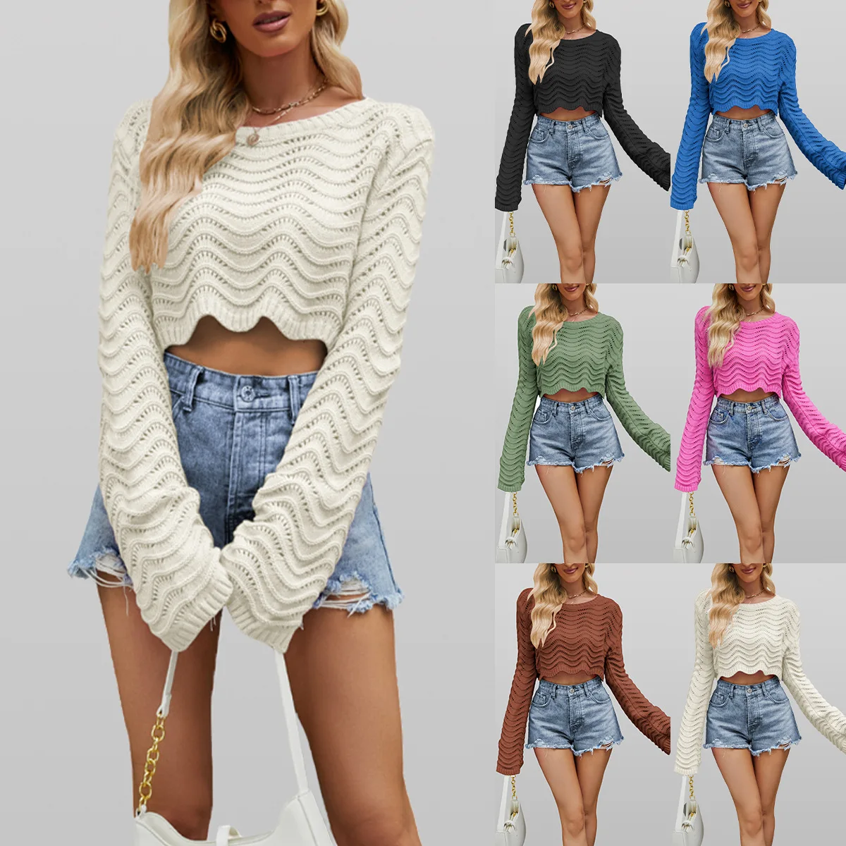 Women Pullover Sweater Ribbed Cropped Top Sweater O-neck Long Sleeve Hollow Out Wave Pullover Knit Sweater Pullover
Women Pullover Sweater Ribbed Cropped Top Sweater O-neck Long Sleeve Hollow Out Wave Pullover Knit Sweater Pullover