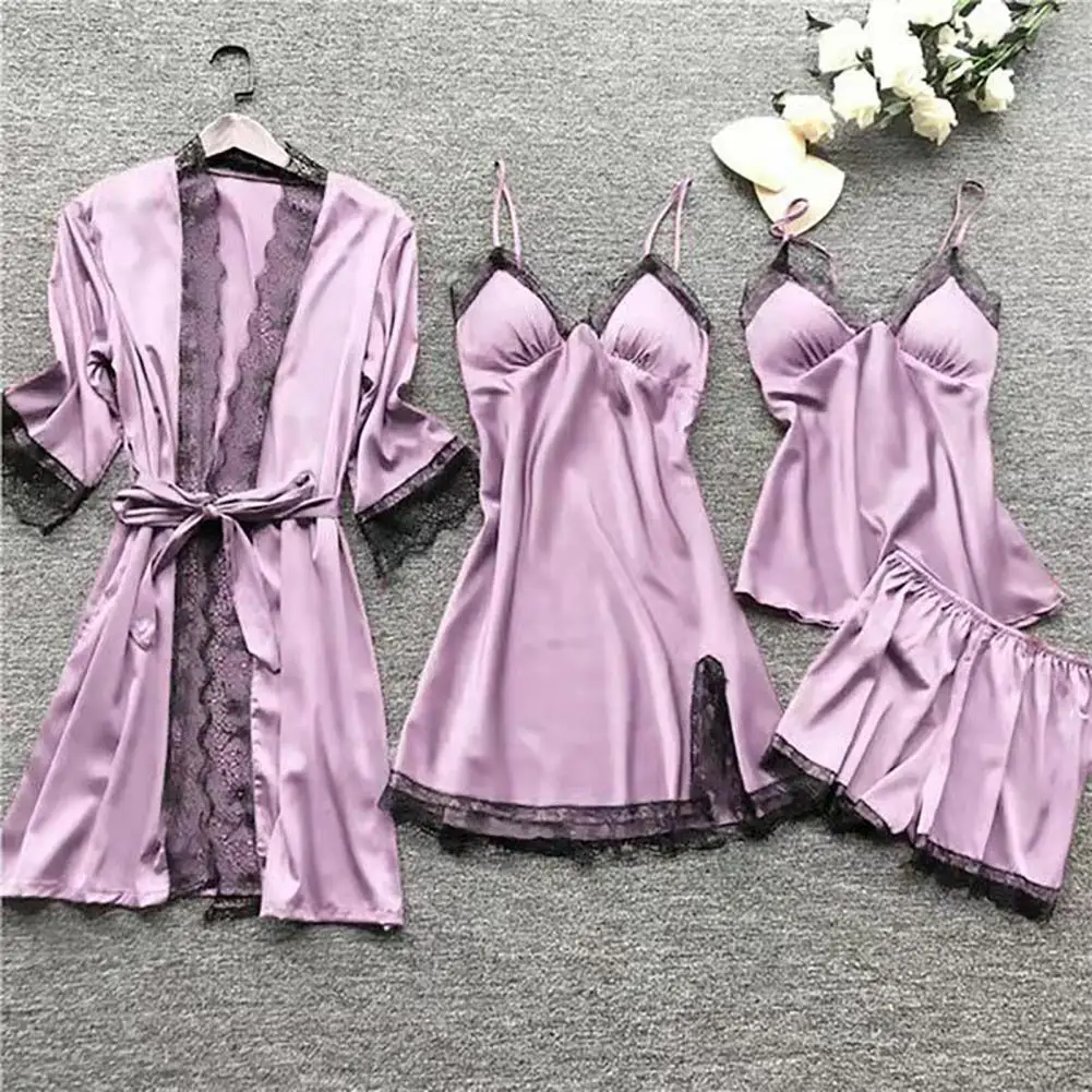 

V-neck Nightgown Set Silky Lace Pajamas Set with Spaghetti Strap Top Pleated Cardigan Coat 4 Piece Women's Homewear Ensemble