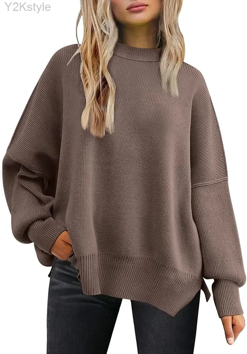 

Women's Crewneck Batwing Long Sleeve Sweaters 2024 Fall Winter Black Khaki Yellow Oversized Ribbed Knit Side Slit Pullover Tops