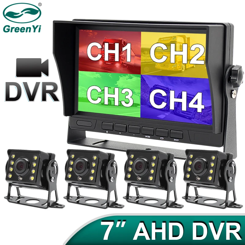 

7-дюймовый 4-канальный AHD-видеорегистратор GreenYi, автомобильный монитор, камера заднего вида с ночным видением для грузовика, поддержка записи SD-карты