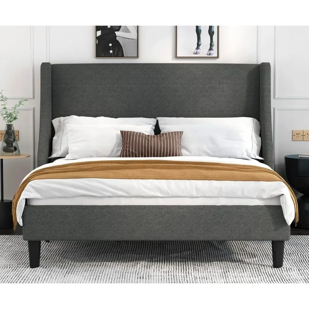 

Queen Bed Frame, Platform Bed Frame Queen Size with Upholstered Headboard, Modern Deluxe Wingback, Wood Slat Support