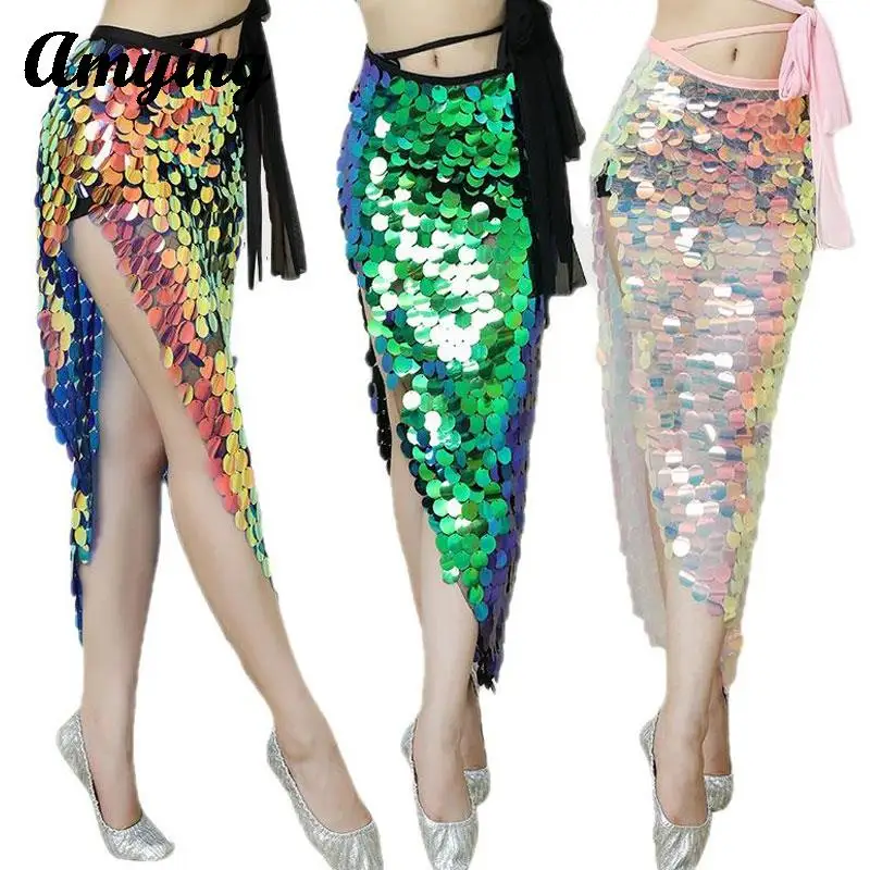 

New Belly Dance Costume Women Stage Performance Clothing Lady Sexy Sequin Hip Waist Scarf Skirt Girls' Mermaid Practice Skirt