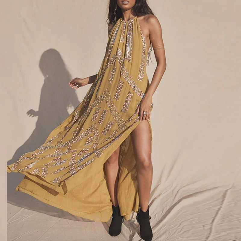 Women Casual Sequins High Split Vocation Dress 2024 Female Spring Pleated Maxi Dresses Summer Backless Halter Loose Hem Dress
Women Casual Sequins High Split Vocation Dress 2024 Female Spring Pleated Maxi Dresses Summer Backless Halter Loose Hem Dress
