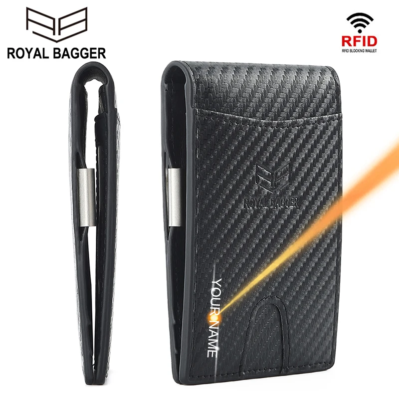 

Royal Bagger RFID Block Card Holder Wallet for Men Carbon Fiber Genuine Cow Leather Slim Clip Business Short Wallets Man Purse