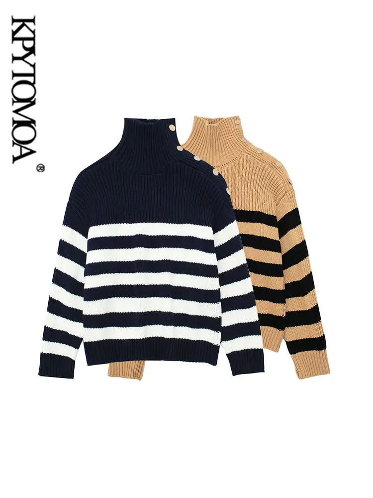 

KPYTOMOA Women Fashion With Buttoned Oversized Striped Knit Sweater Vintage High Neck Long Sleeve Female Pullovers Chic Tops