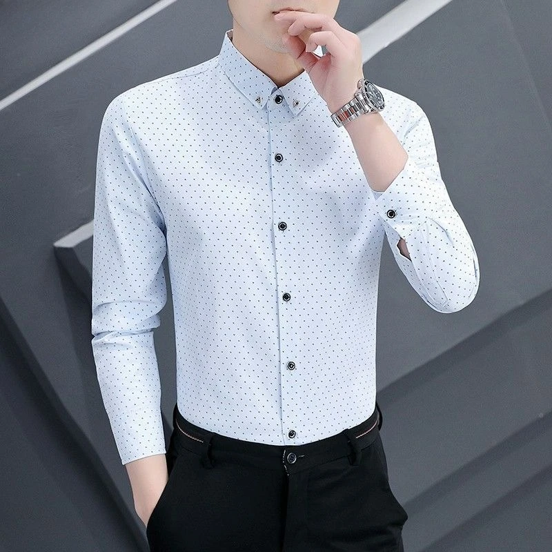 

Spring Autumn Shirt Long Sleeved Slim Fit Anti Wrinkle Business Casual Top Men's Shirt Handsome Elastic Floral Large Size Shirt
