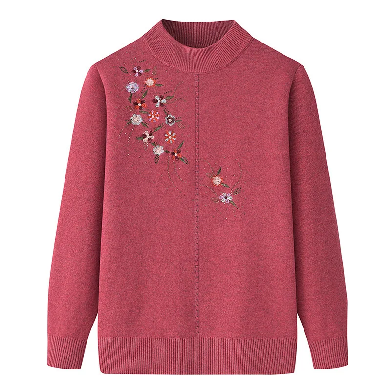 

Autumn Winter Women's Pullover Round Neck Flower Embroidery Solid Lantern Long Sleeve Sweater Knitted Fashion Casual Loose Tops