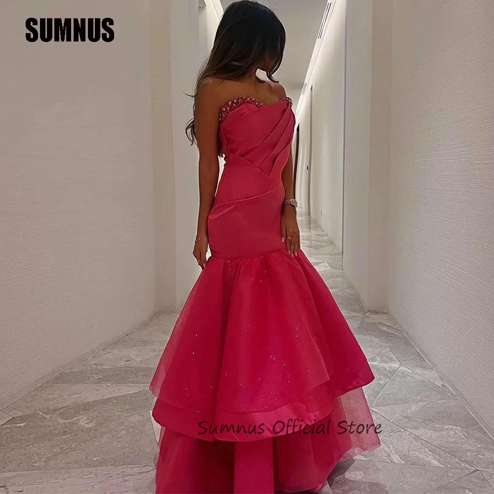 

SUMNUS Pink Dubai Arabic Women Mermaid Evening Dresses Shiny Beads Sweetheart Crystal Satin Prom Gowns Long Formal Party Dress