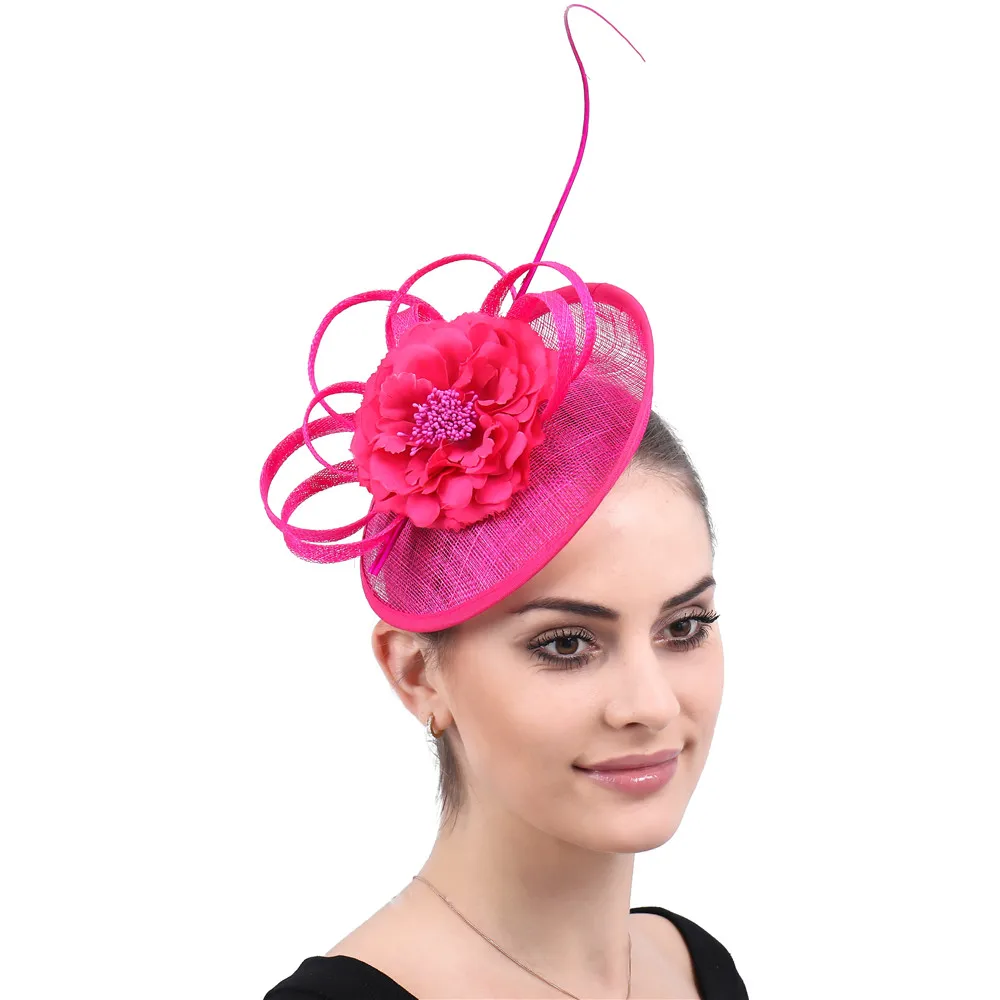 

Hot Pink Sinamay Fascinators Hats Feather Flower Bride Women Cocktail Holiday Occasion Headpiece New Year Gifts Headbands SYF219