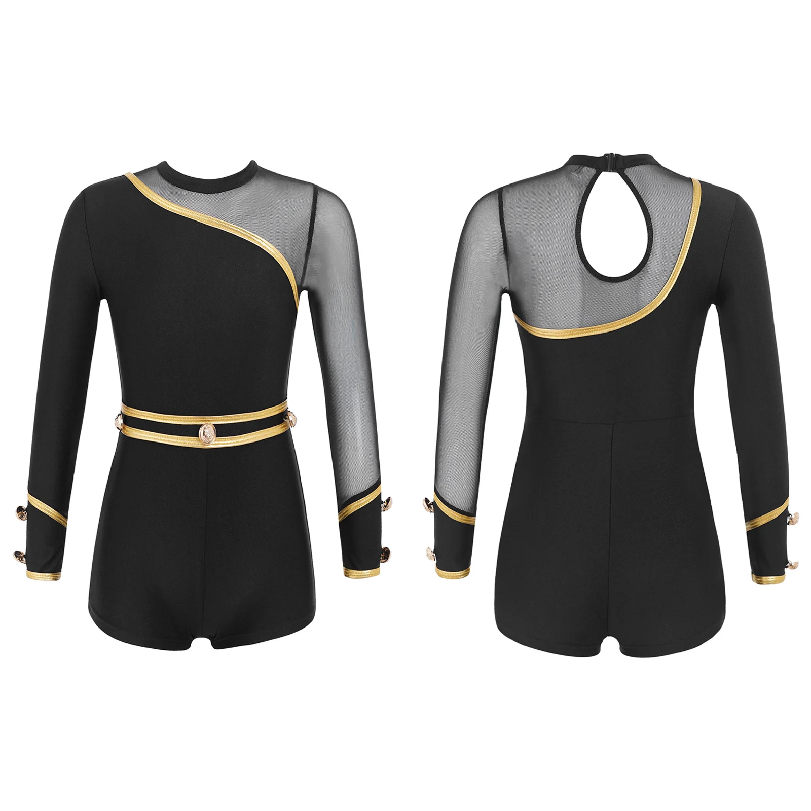 Kids Girls 1Pcs Black Long Sleeve Dance Bodysuit Round Neckline Mesh Patchwork Style with Hollow Back Gold Color Button Leotards
Kids Girls 1Pcs Black Long Sleeve Dance Bodysuit Round Neckline Mesh Patchwork Style with Hollow Back Gold Color Button Leotards