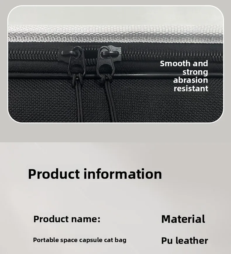 Cat Carrier Bag | Portable Space Capsule Pet Carrier Close-up of the smooth, strong double zippers on the black pet carrier, highlighting the abrasion-resistant fabric and high-quality stitching.