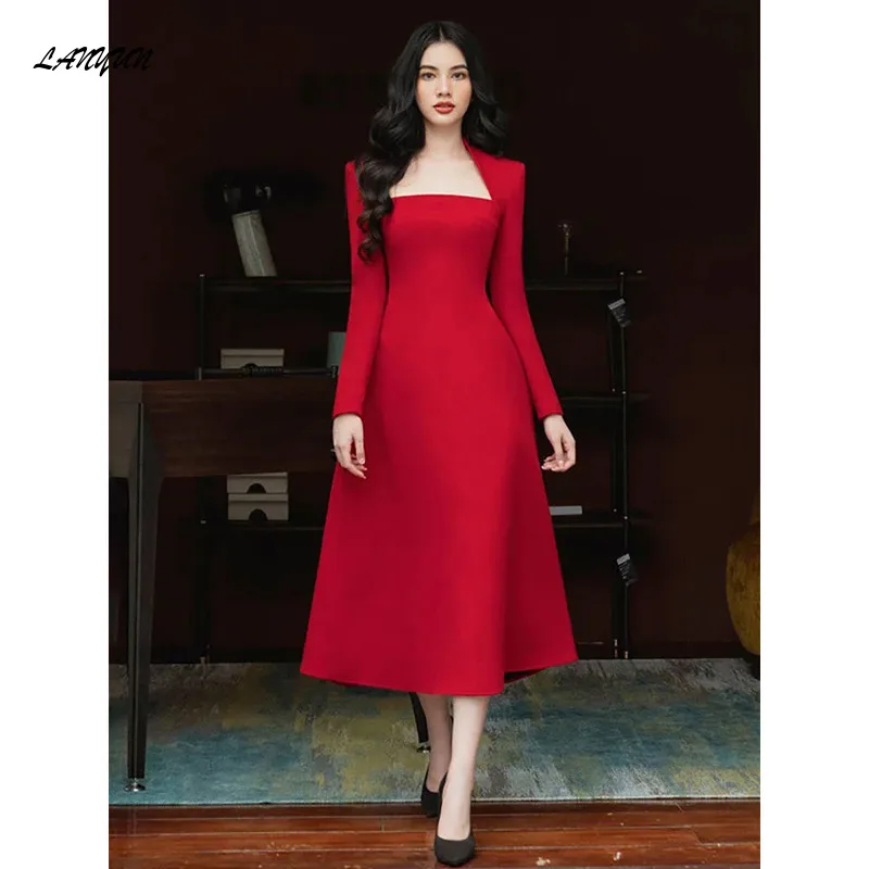 

LANMU Women Fashion Evening Dress Square Collar Long Sleeve High Waist Solid Color Valentine's Day New Elegant Party Dresses