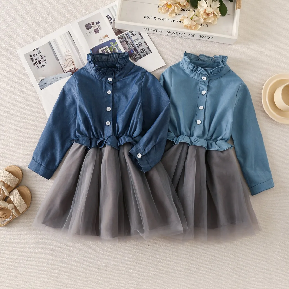 

Toddler Girls Denim Dress for Kid Spring and Autumn New Long Sleeve Voile Children Clothing Casual Splicing Denim Princess Dress