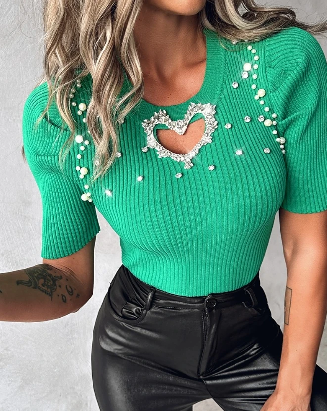 Y2K Tops for Women 2023 Spring New Hollow Heart Studded Rhinestone Beaded Knit Sweater Elegant Puff Sleeve Skinny T-Shirt
Y2K Tops for Women 2023 Spring New Hollow Heart Studded Rhinestone Beaded Knit Sweater Elegant Puff Sleeve Skinny T-Shirt