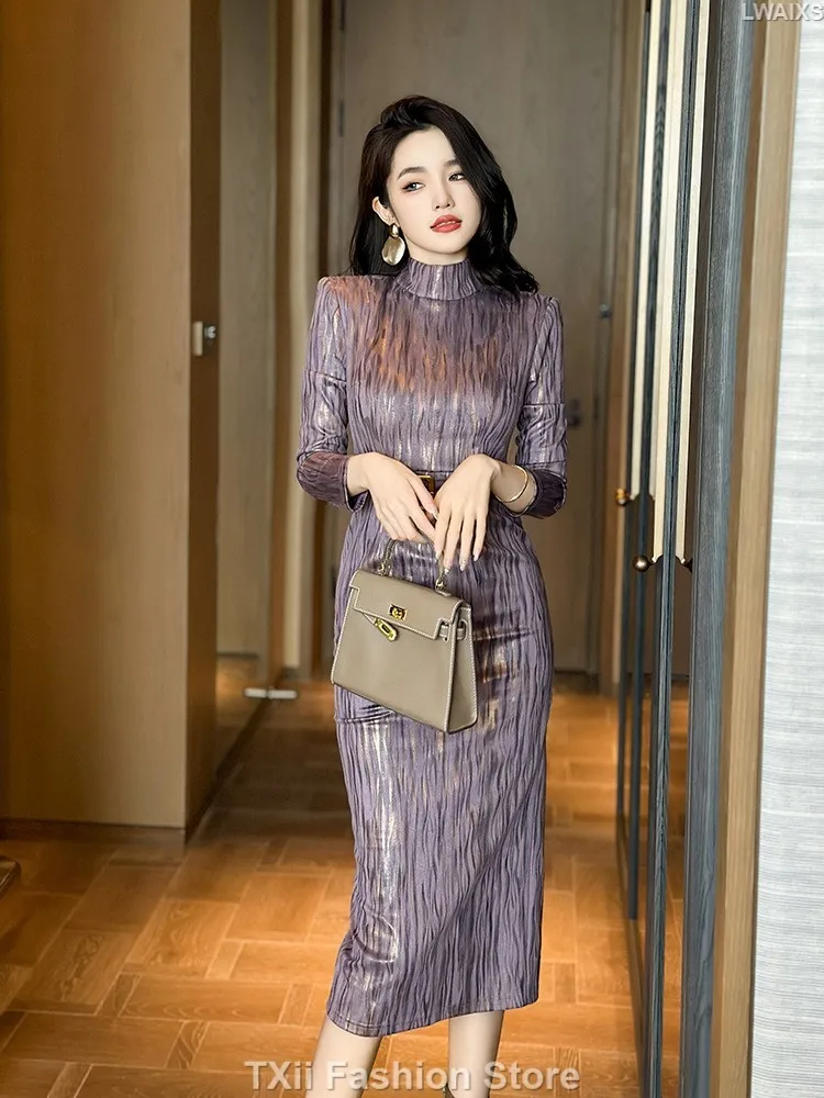 Fashion Elegant Style Dress Women Retro Leather Velvet Shiny Shoulder Pad Long Sleeve Slit Robe Femme Party Office Lady Vestidos
Fashion Elegant Style Dress Women Retro Leather Velvet Shiny Shoulder Pad Long Sleeve Slit Robe Femme Party Office Lady Vestidos