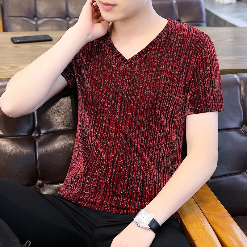 

2022 Summer Claret-red Short Sleeved T Shirts For Mens Smooth Stretch Clothes Short Blouses Soft Cozy Clothes For Men Fashion