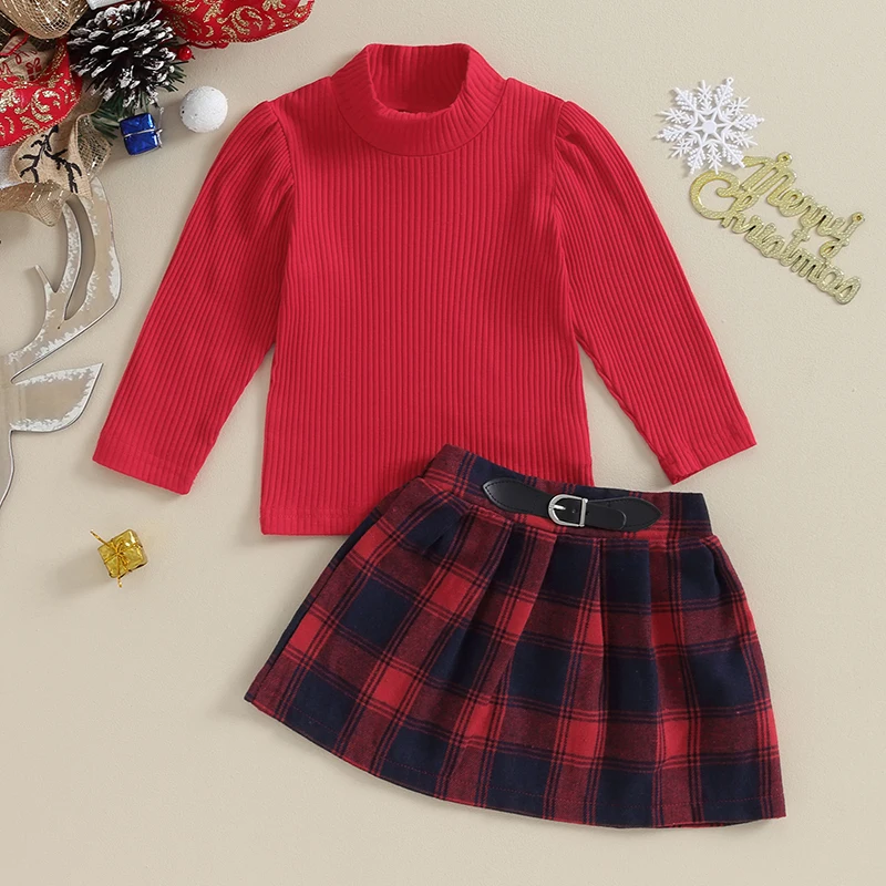 

Осенний комплект из 2 предметов для девочек, красный топ в рубчик с длинным рукавом, трапециевидная клетчатая юбка, комплекты