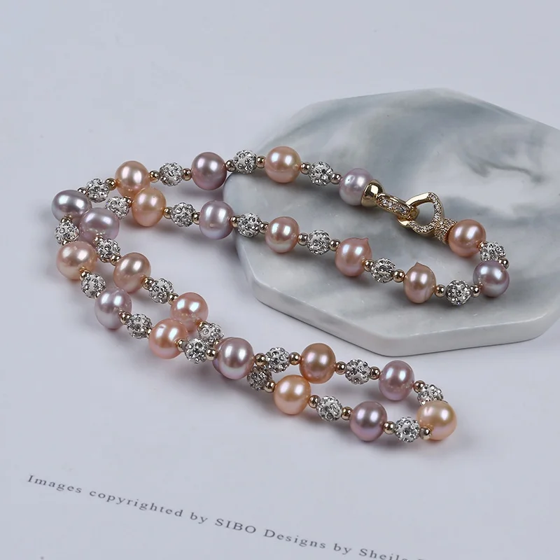 

New Fashion Natural Freshwater Pink Purple 9-10mm Potato Pearl Jewelry Necklace For Women