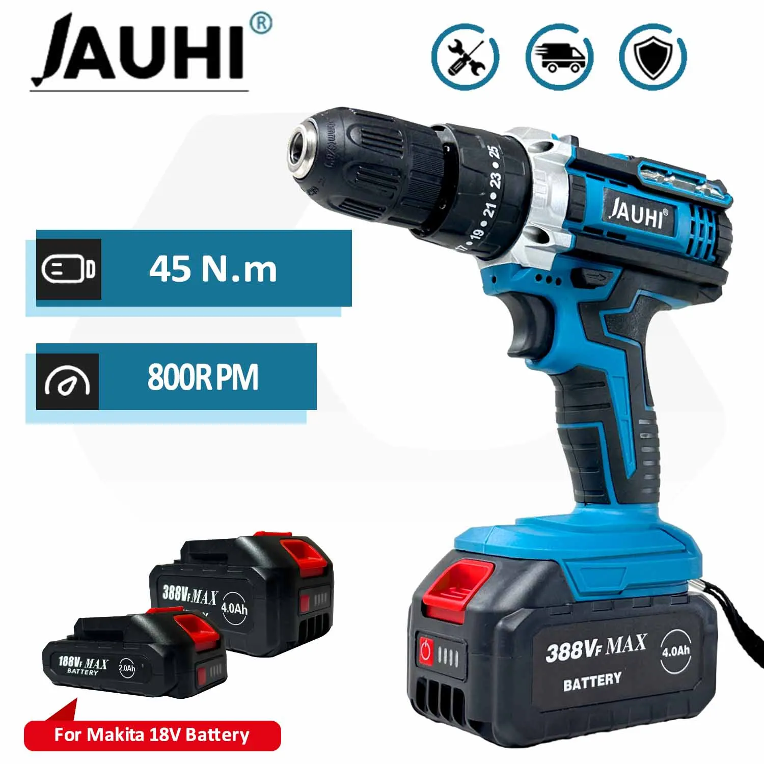 

JAUHI 45N.m Electric Screwdriver Cordless Screwdriver Wireless drills for Makita 18v Battery Multi-function 2 Speed Power Tools