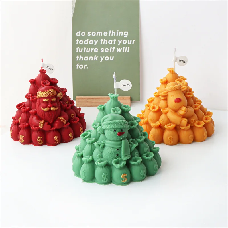 

3D Folding Money Bag Pyramid Santa Claus Candle Mold Snowman Elk Scented Candle Making Mould Resin Silicone Molds Christmas Gift