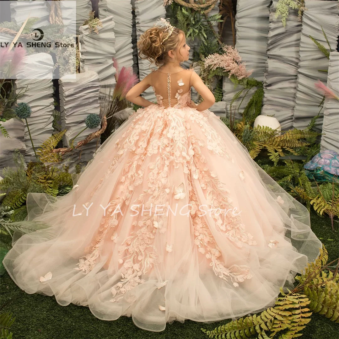 

Peach Flower Girl Dress 2024 Lilac Ivory Tulle Lace Ballgown First Communion Gown Little Kid Infant Toddler Christening Baptism