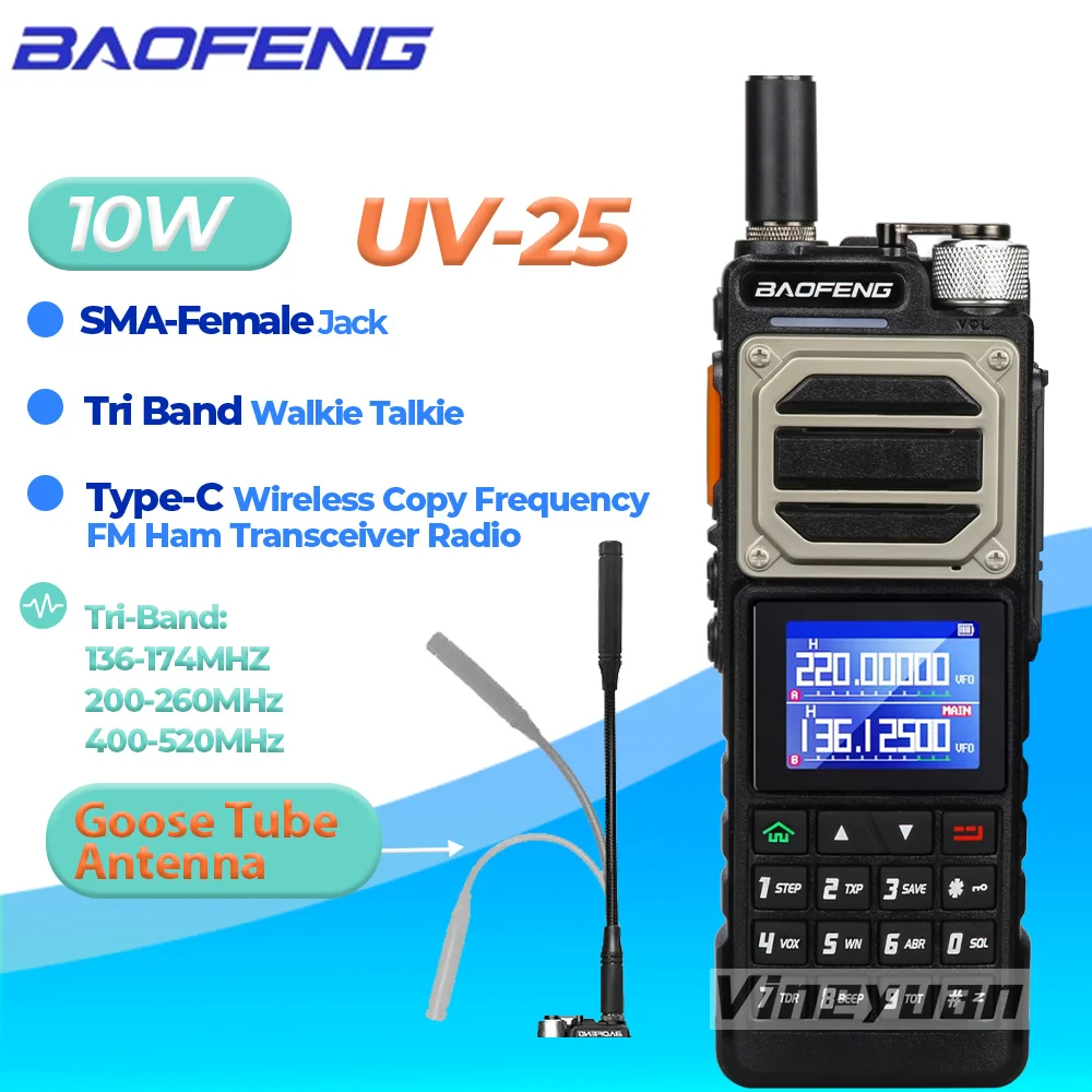 

Baofeng UV-25 10W Walkie Talkie Tri Band Wireless Copy Frequency NOAA Type-C Charger FM Long Range High Power Ham Two Way Radio