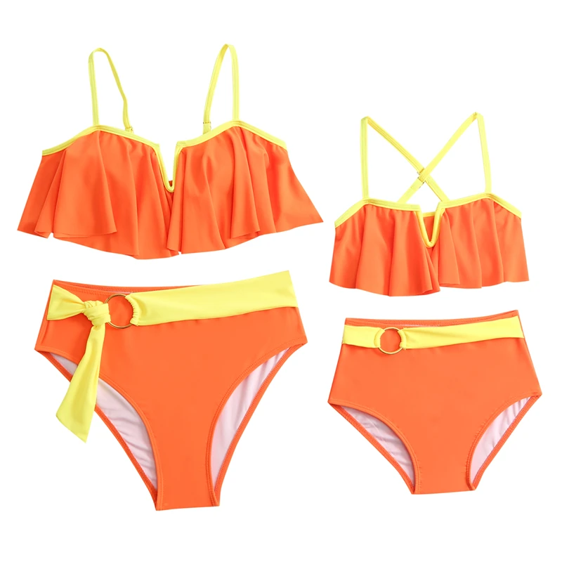 

2PCS Mother Daughter Matching Swimsuits Family Set Ruffled Mommy and Me Swimwear V-Neck Women Girls Bikini Dresses Clothes 2024