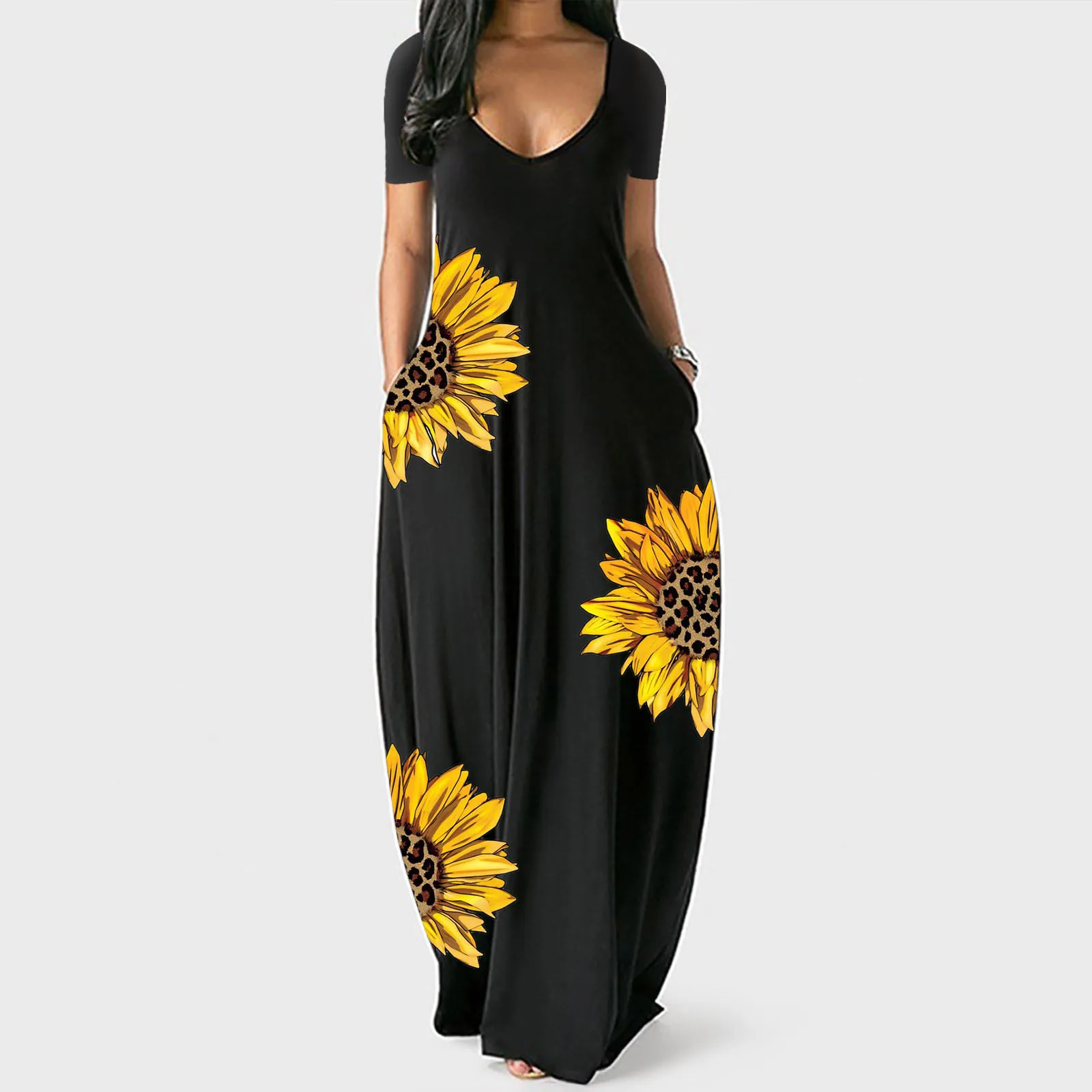 Sunflowers Print Black Long Dress for Lady 2021 Spring/Summer Printed Long Dress Loose Short Sleeve Long Robe
Sunflowers Print Black Long Dress for Lady 2021 Spring/Summer Printed Long Dress Loose Short Sleeve Long Robe