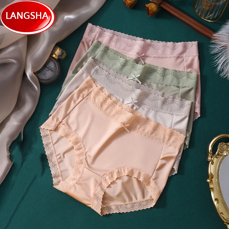 

Sexy Lace Seamless Panties Women Silk Underwear Solid Mid-Waist Nylon Underpants Ladies Briefs Cotton Crotch Female Lingerie