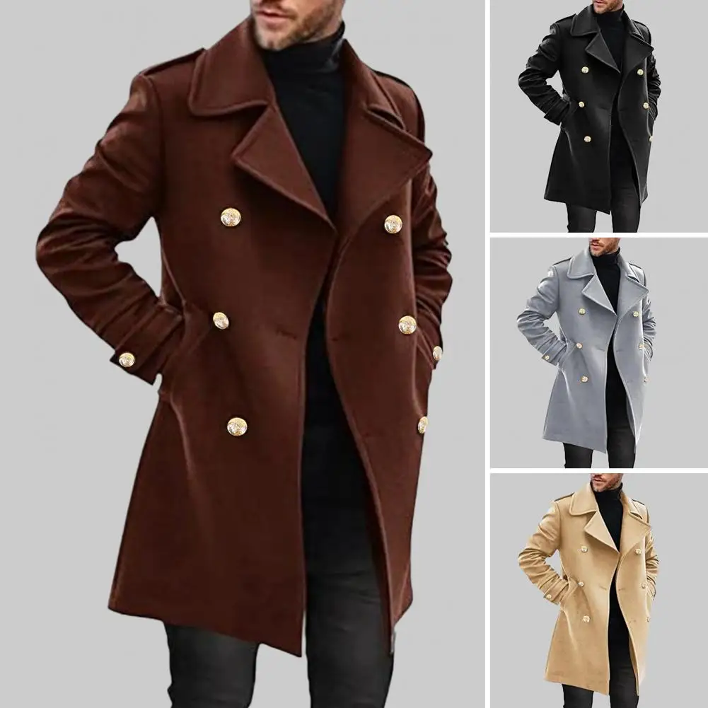 

Мужское двубортное пальто средней длины, темно-синее однотонное пальто с отложным воротником и карманами, теплая верхняя одежда для осени, 2019