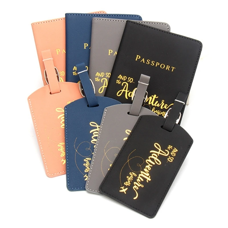 

2Pcs/Set PU Leather Passport Holder Cover Case and Luggage Label Set Travel Accessories Suitcase Label Wallet