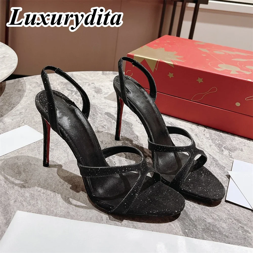 

LUXURYDITA Women Sandal Luxury 10cm High Heels Designer Customize Red Heel Emilie stra Socialite Dinner shoes H334