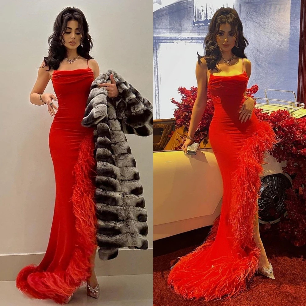 

Prom Dresses Sexy Elegant Spaghetti Asymmetrical Feathers Chiffon Formal Occasion Gown vestido de noiva casamento فستان نسائي