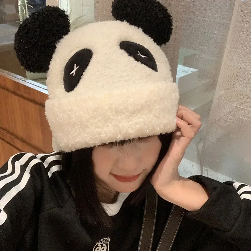 

Cute Plush Panda Cap Women Winter Thicken Ear Protection Hats Fashion Versatile Sweet Cartoon Pullover Ladies Ski Beanies Caps