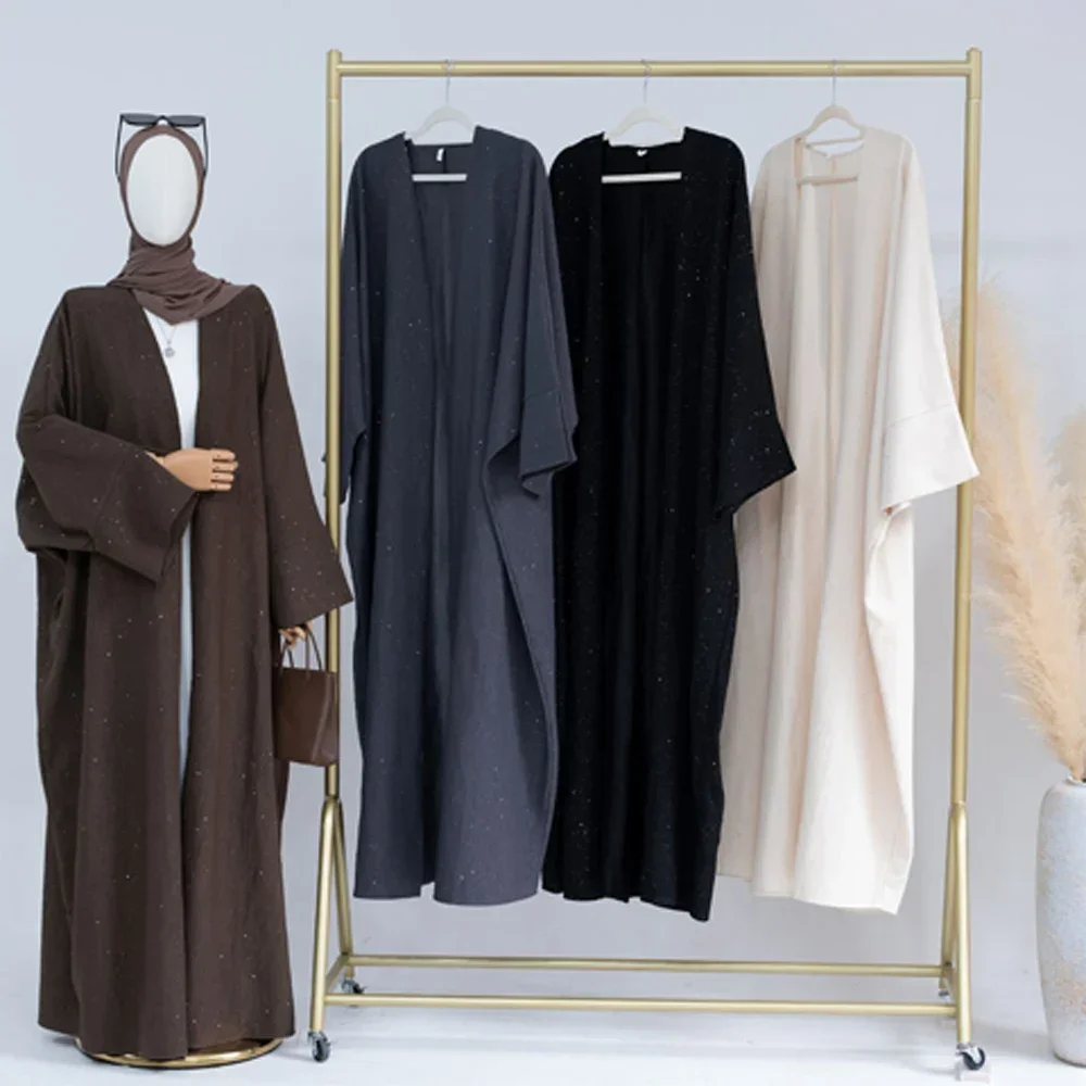 

Autumn Winter Abaya Kimono Cardigan Muslim Coat Thick Glitter Wrinkled Abayas for Women Dubai Turkey Islamic Clothes Ramadan Eid