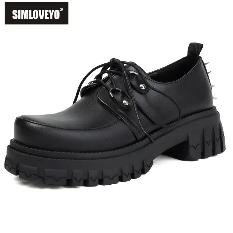 

SIMLOVEYO Patent Leather Women Pumps Round Toe Thick Heels 5cm Lace Up Rivets Metal Brogues Plus Size 42 43 Punk Casual Shoes