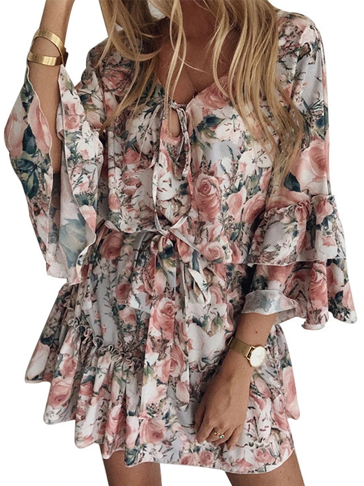 

Женское цветочное мини-платье в стиле бохо, винтажное элегантное платье с V-образным вырезом, Расклешенным рукавом и оборками для отпуска, Пляжное платье