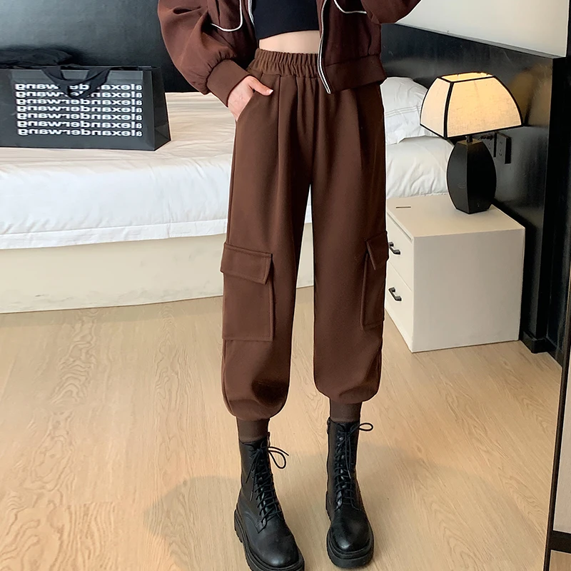 

Woolen overalls for women Autumn/Winter collegiate look slim and thick loose casual with fleece bunched feet Harlan pants