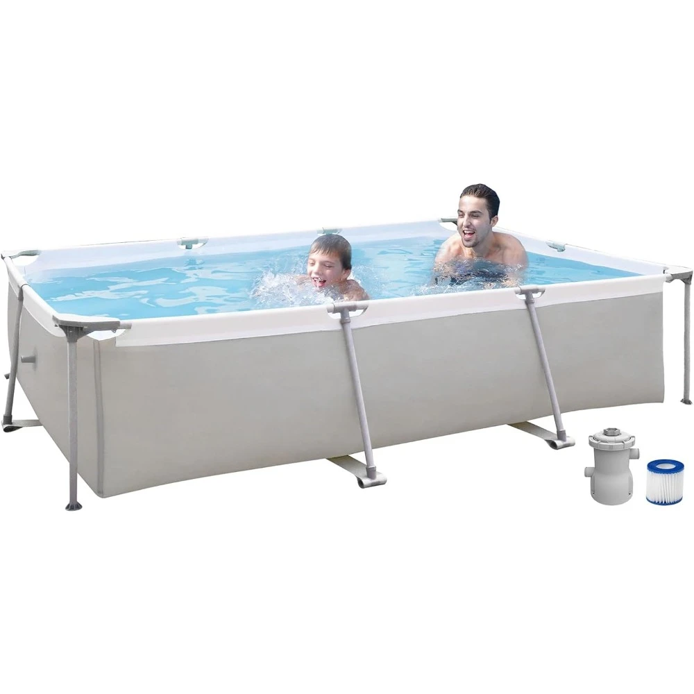 Above Ground Swimming Pool with Filter Pump, Outdoor Rectangular Steel Frame Swimming Pool for Kids Adults,10' x 6.8' x 25.6"
Above Ground Swimming Pool with Filter Pump, Outdoor Rectangular Steel Frame Swimming Pool for Kids Adults,10' x 6.8' x 25.6"