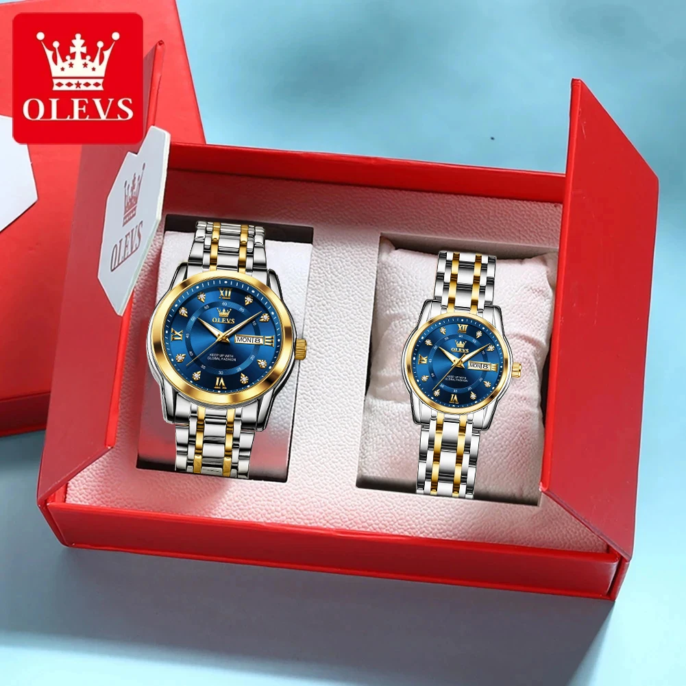

OLEVS Top Original Couple Watch Stainless Steel Waterproof Dual Calendar Watches Luxury Lover's Quartz Watch Gift for Men Women