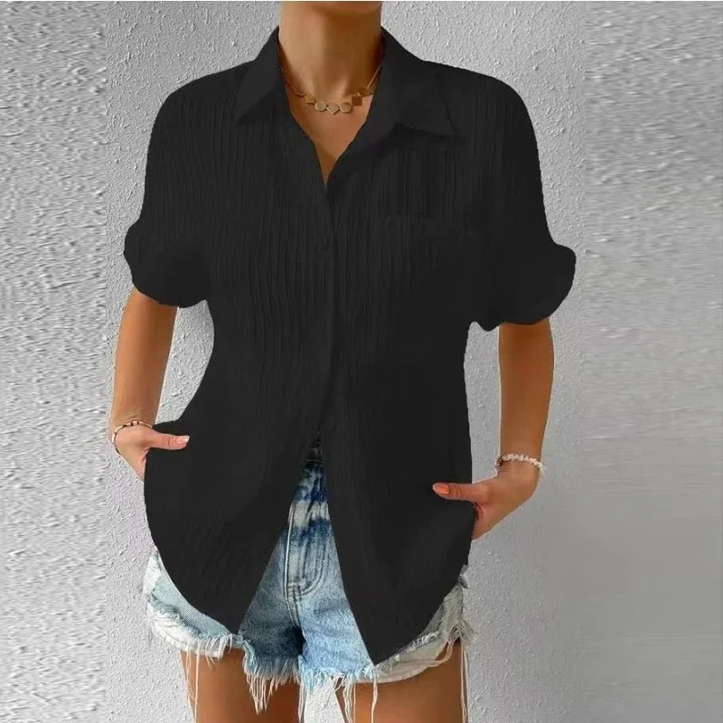 Short Sleeve Shirt for Women Office Lady Fashion Polo Collar Shirt with Pocket Summer Solid Color Blouse Loose Clothes 28324
Short Sleeve Shirt for Women Office Lady Fashion Polo Collar Shirt with Pocket Summer Solid Color Blouse Loose Clothes 28324