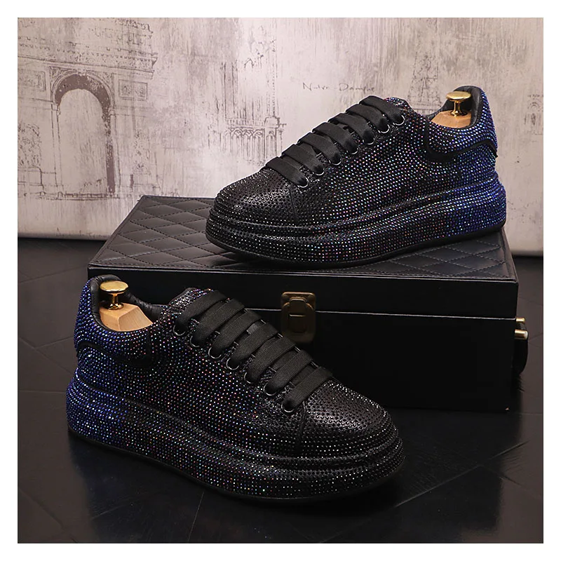 

italian brand designer rhinestone shoes for men luxury fashion flats platform shoe stage nightclub dress black stylish footwear