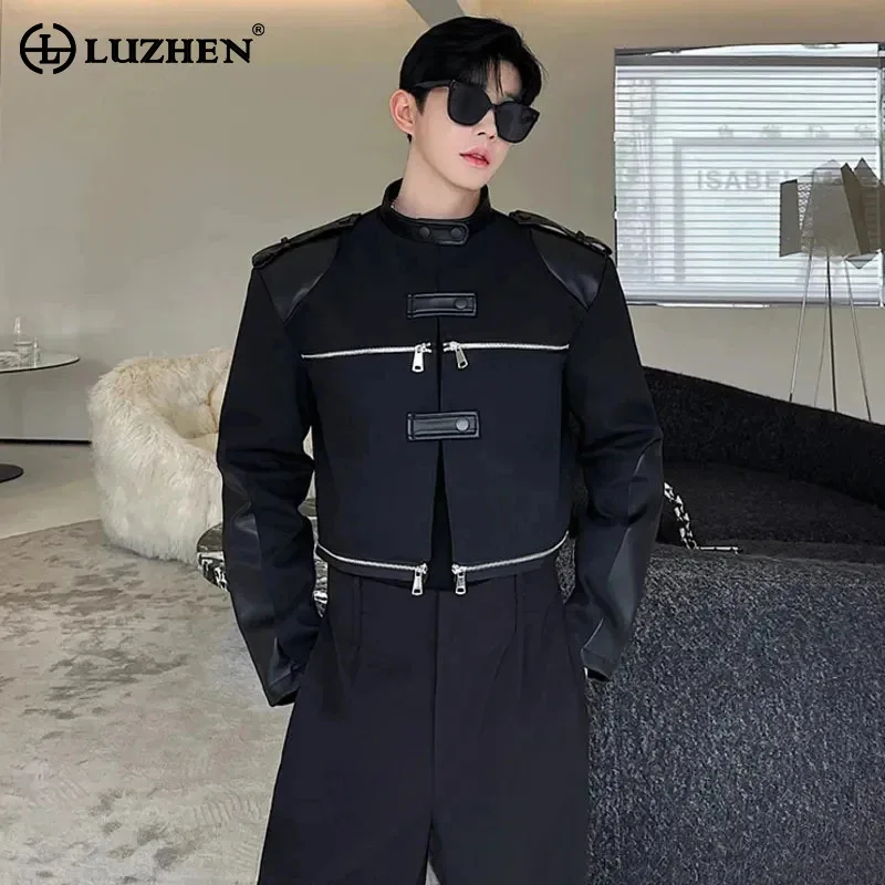

LUZHEN Leather Patchwork Design Short Jacket Men's Original Trendy Korean Luxury Mulit Zipper Splicing Outerwear 2024 New LZ2467