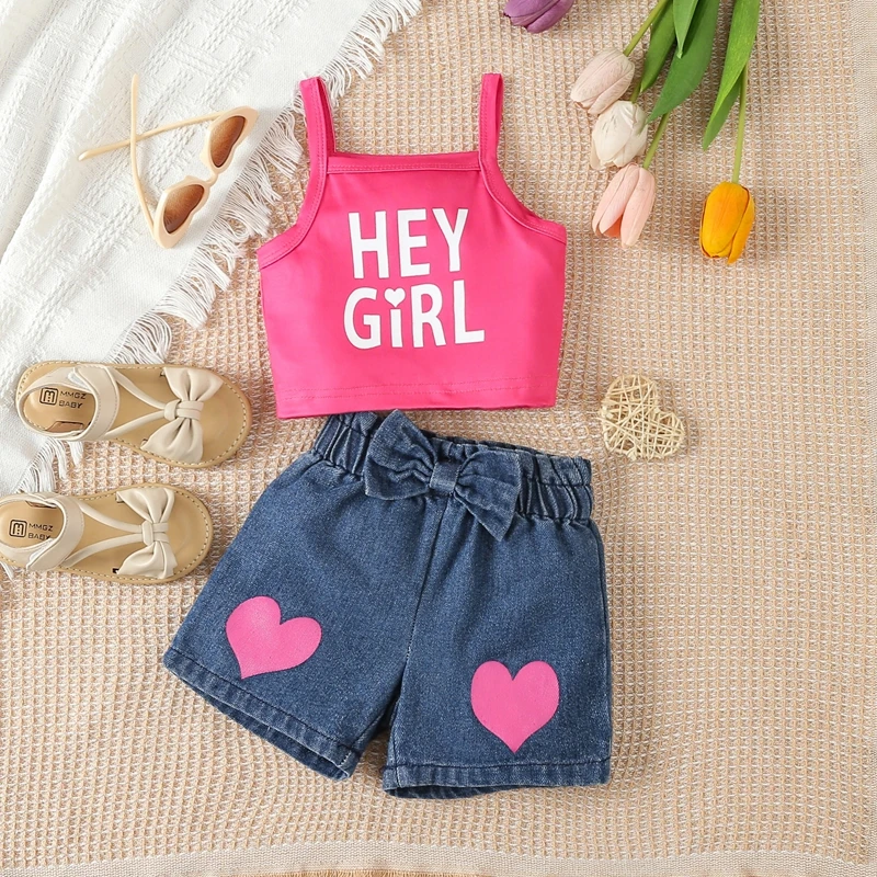 

Toddler Baby Girl 2Pc Summer Clothes Sleeveless Spaghetti Strap Cropped Tank Top High Waisted Bows Shorts Set