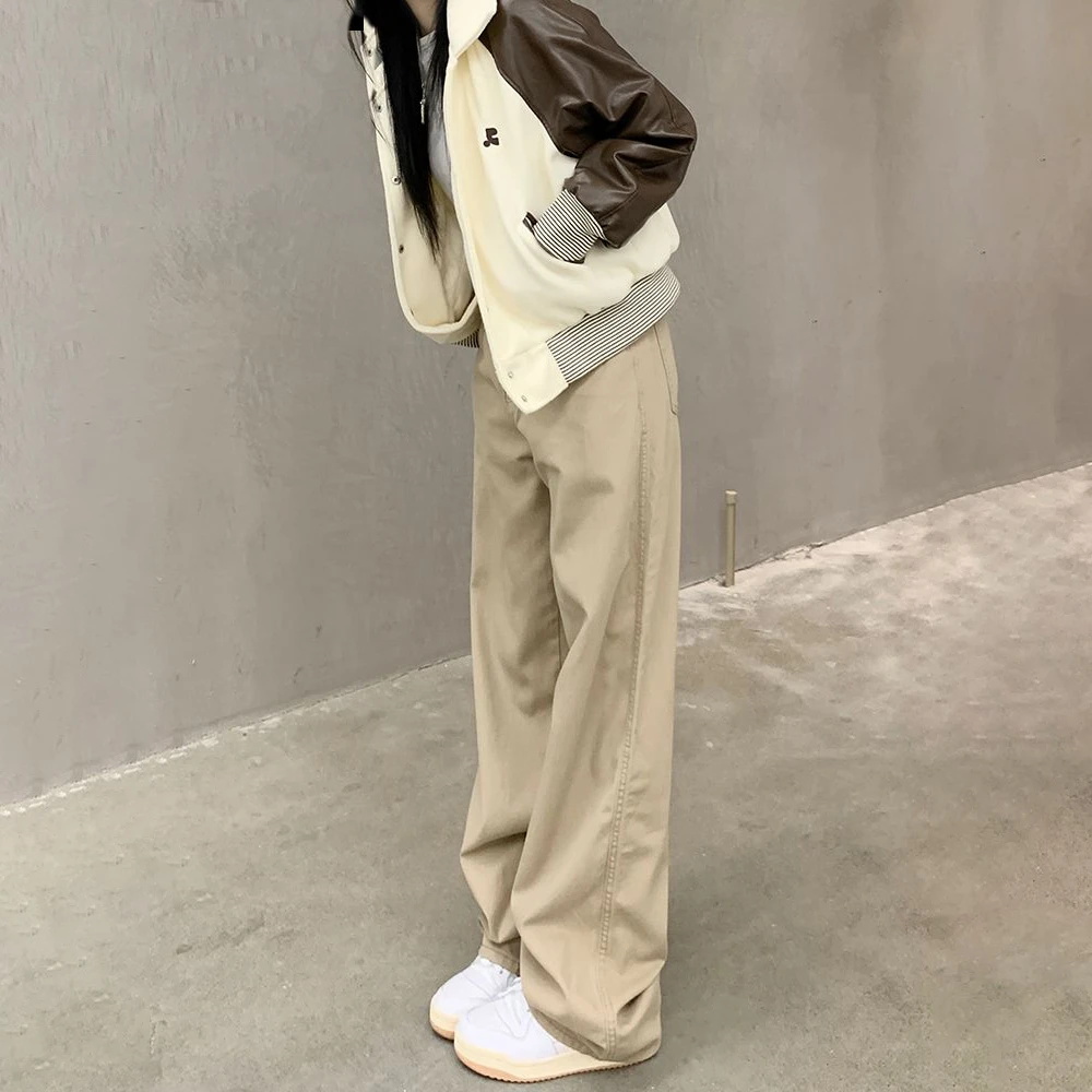 

Khaki Korean version of the simple straight jeans female new high-waisted loose thin versatile wide-leg pants tide