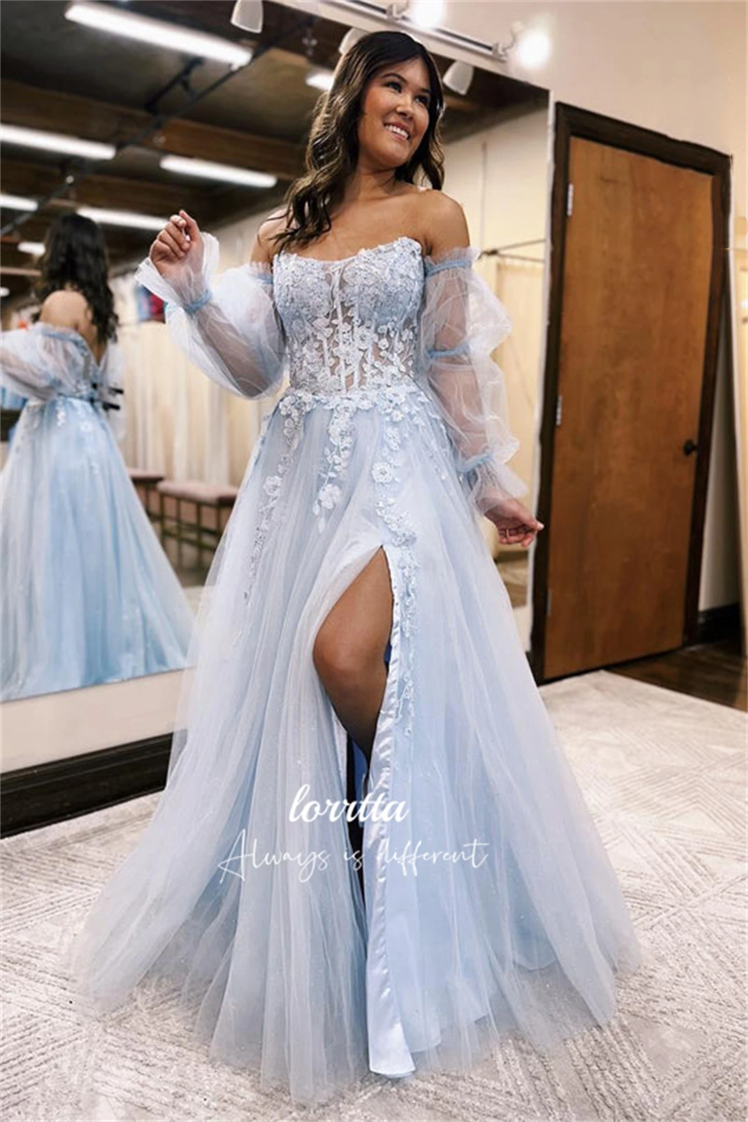 

Lorrtta Sky Blue Mesh Applique Line A Graduation Gown Bridesmaid Dress Removable Sleeves Saudi Evening Dresses 2024 Ball Gowns