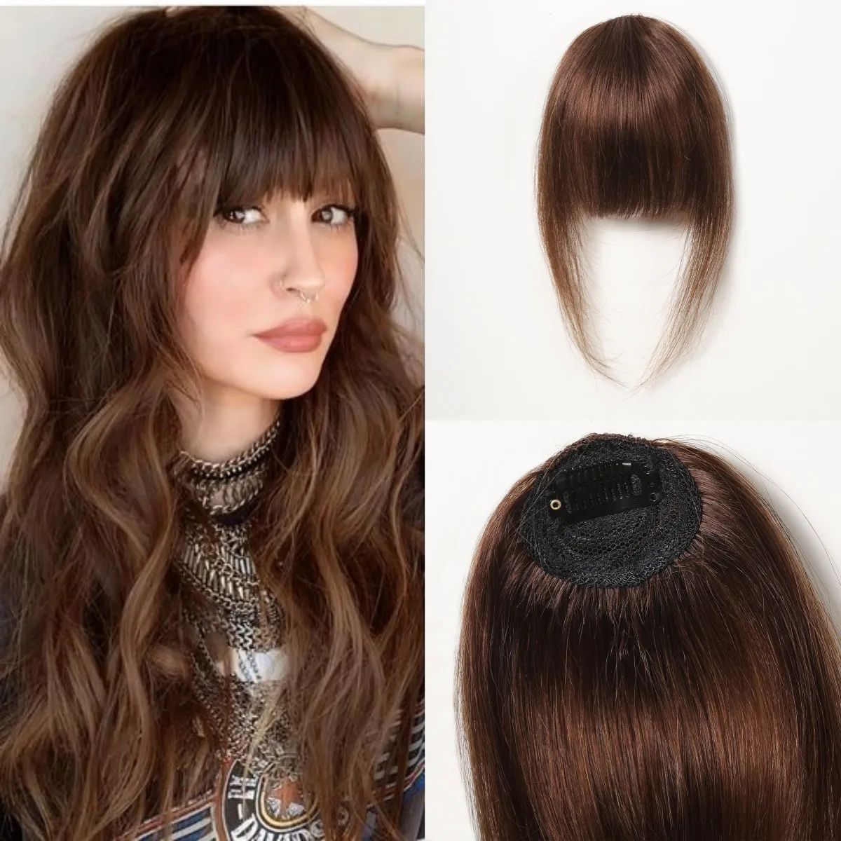 

Real Human Hair Bangs OverHead Clip In Remy 4.5 Inch Chololate Brown Bangs Clip in Air Bangs Fringe Hairpieces for Black Women