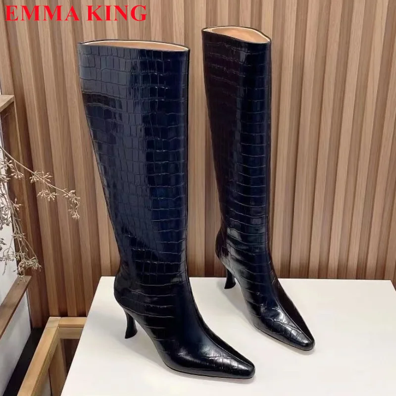 

New Fashion Crocodile Pattern Knee High Boots Pointed Toe High Heels Party Shoes Woman Botas Mujer 2023 Winter Ladies Long Boots